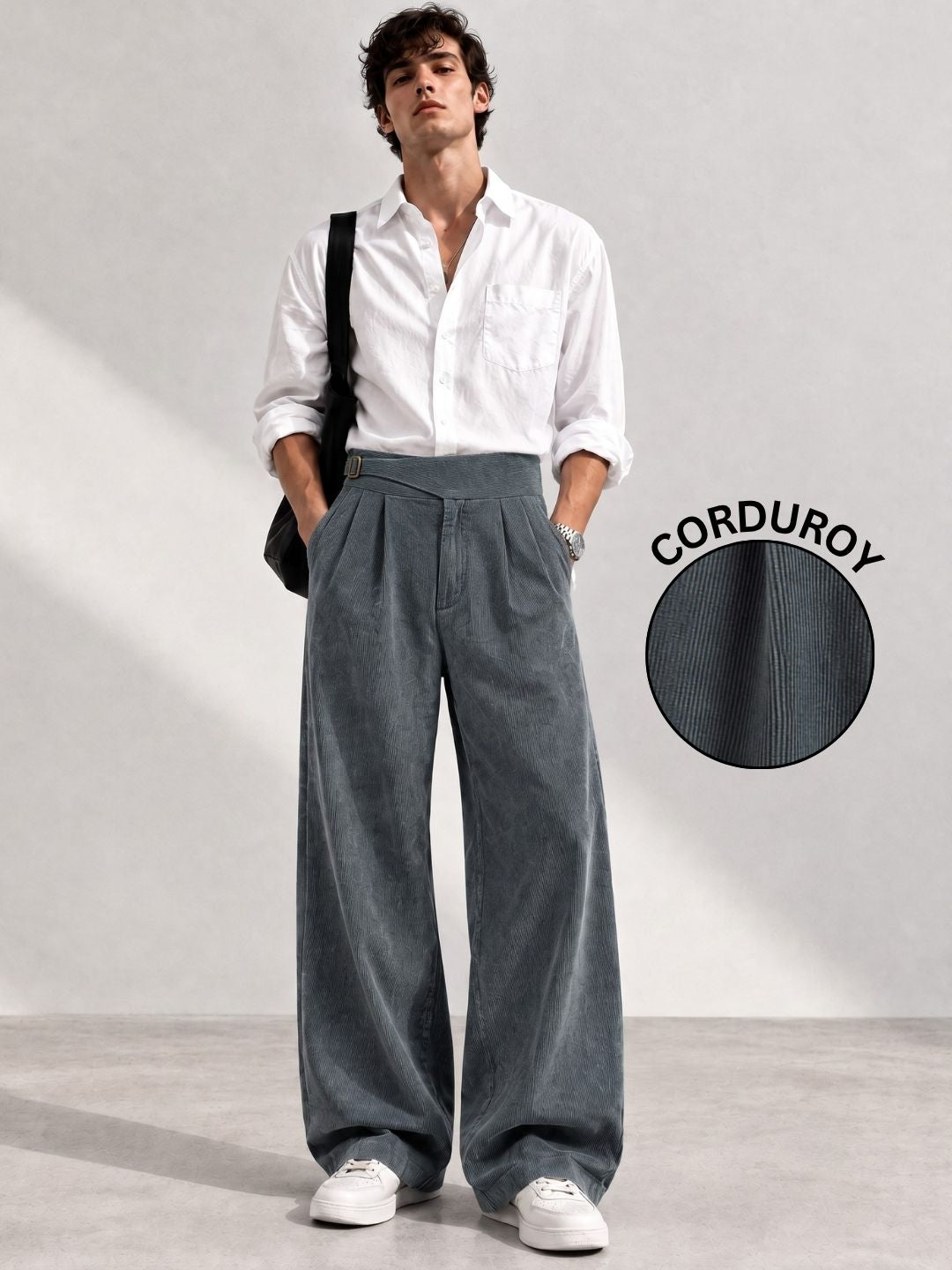 Grey Corduroy Gurkha Trousers with Double Pleated Front