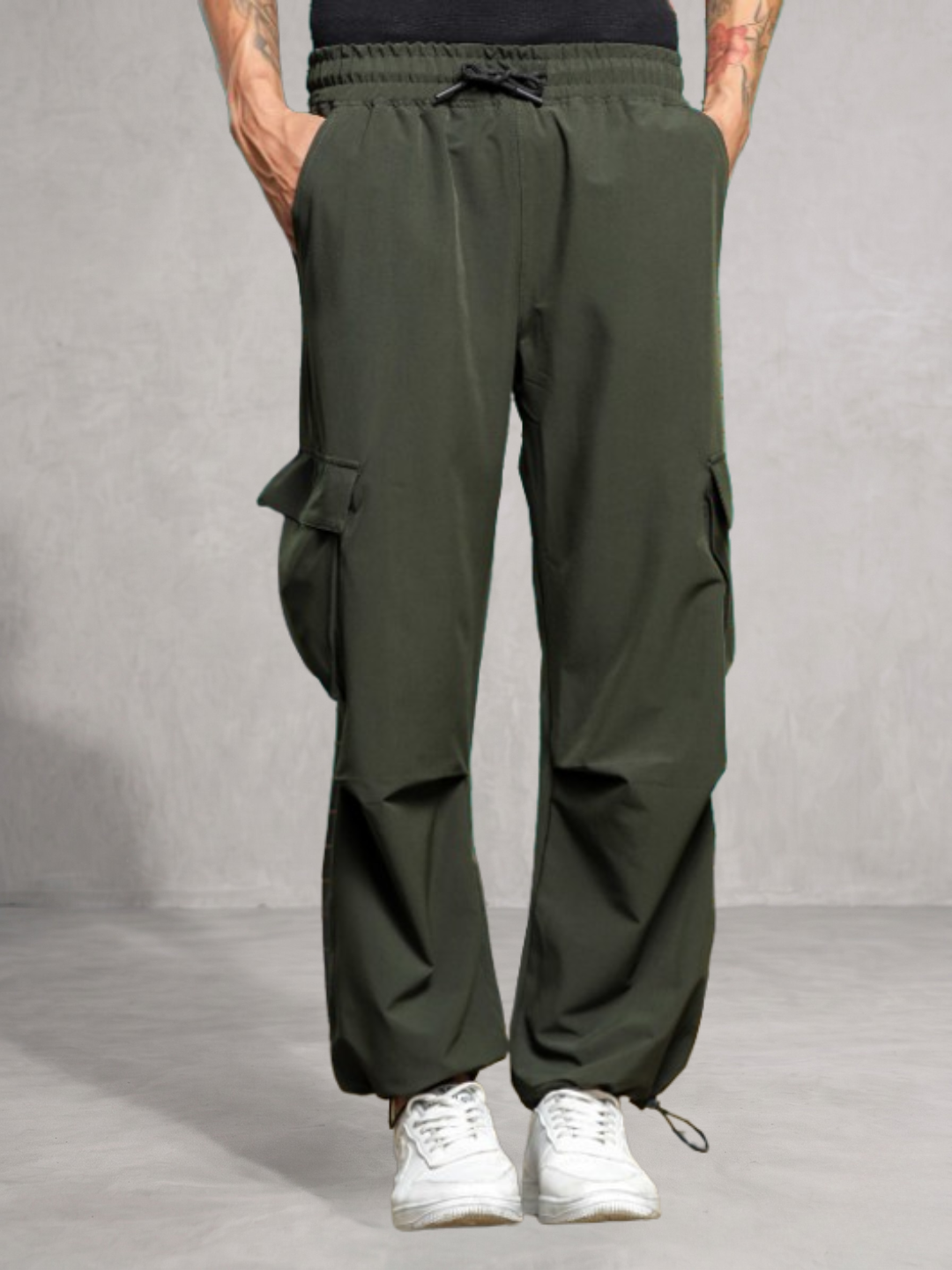 Olive Baggy Fit  Parachute Cargo Trousers