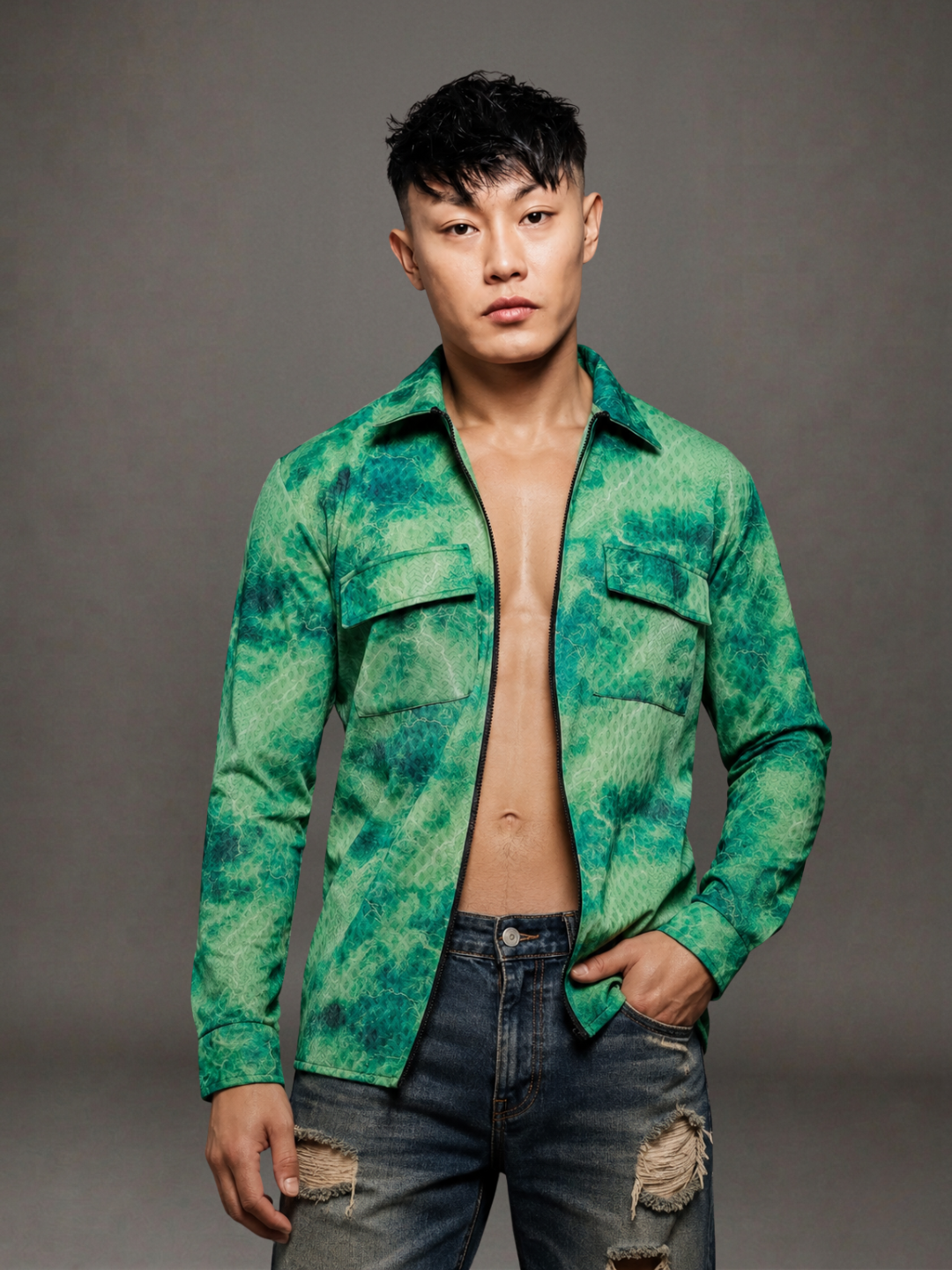Grey & Green Abstract Printed Drop-Shoulder Relaxed Fit Shirt Zipper Shirt