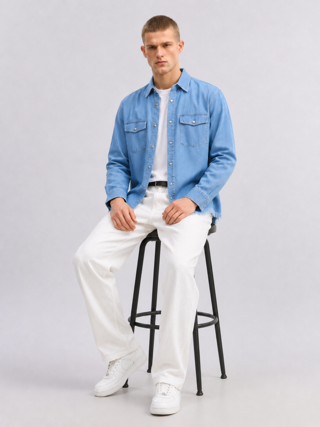 Blue Denim Raw Edge Oversized Relaxed Fit Spread Collar Premium Shirt