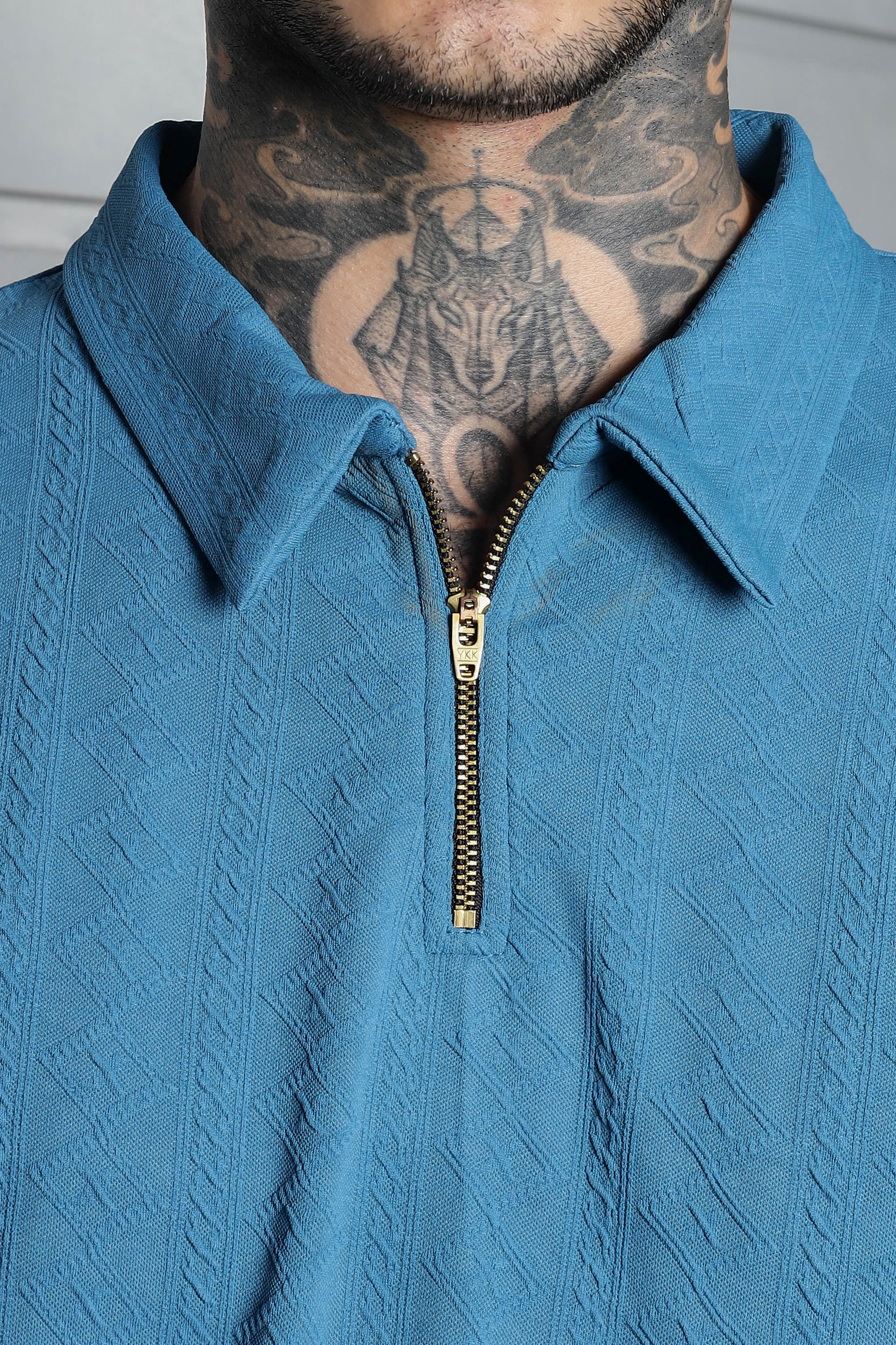 Unisex Blue Textured Polo Neck Oversized T-shirt
