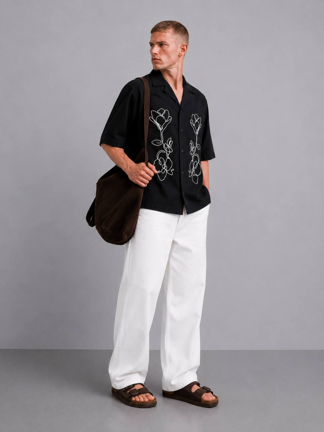 Black Embroidered Relaxed Fit Oversized Half Sleeve Casual Resort Shirt