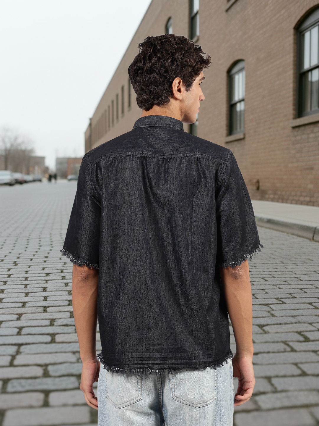 Black Raw Edge Oversized Box-Fit Spread Collar Premium Denim Shirt