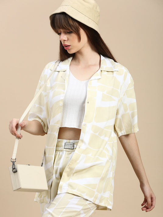 Unisex Cubano Beige Printed Relaxed Fit Resort Shirt