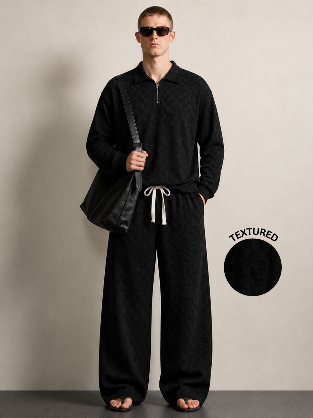 Black Textured Oversized Full Sleeve Polo Neck Tee & Trackpant Co-ord Set