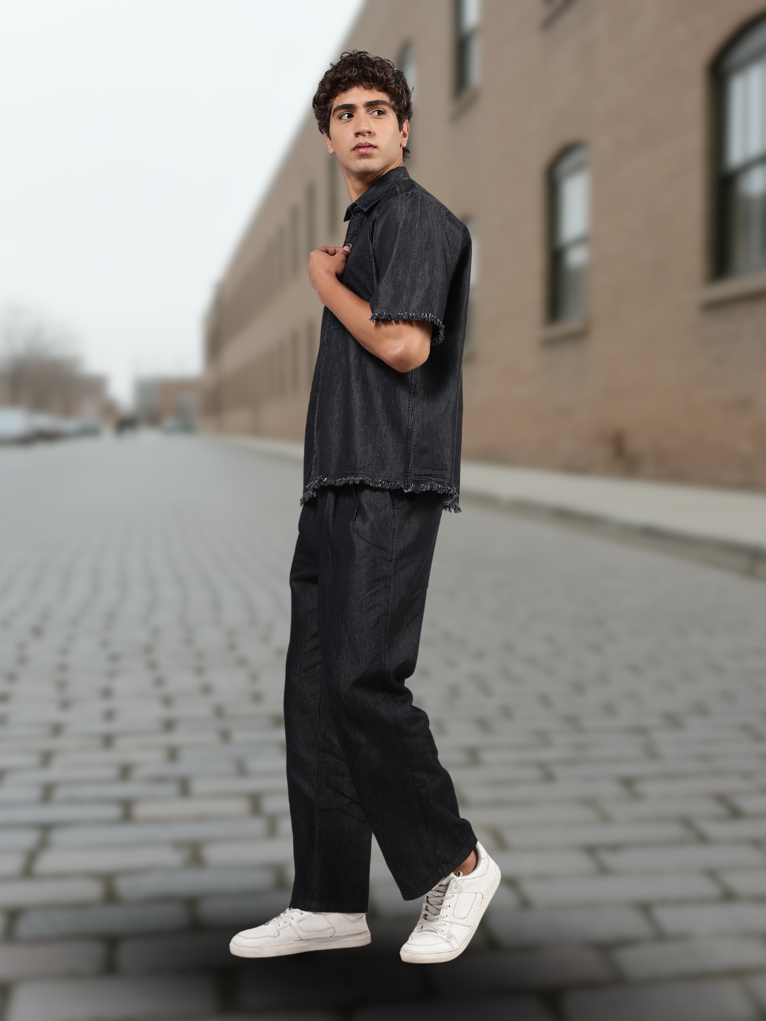 Co-Ord Set Black Premium Denim Gurkha Pant & Half Sleeve Shirt Relaxed Fit