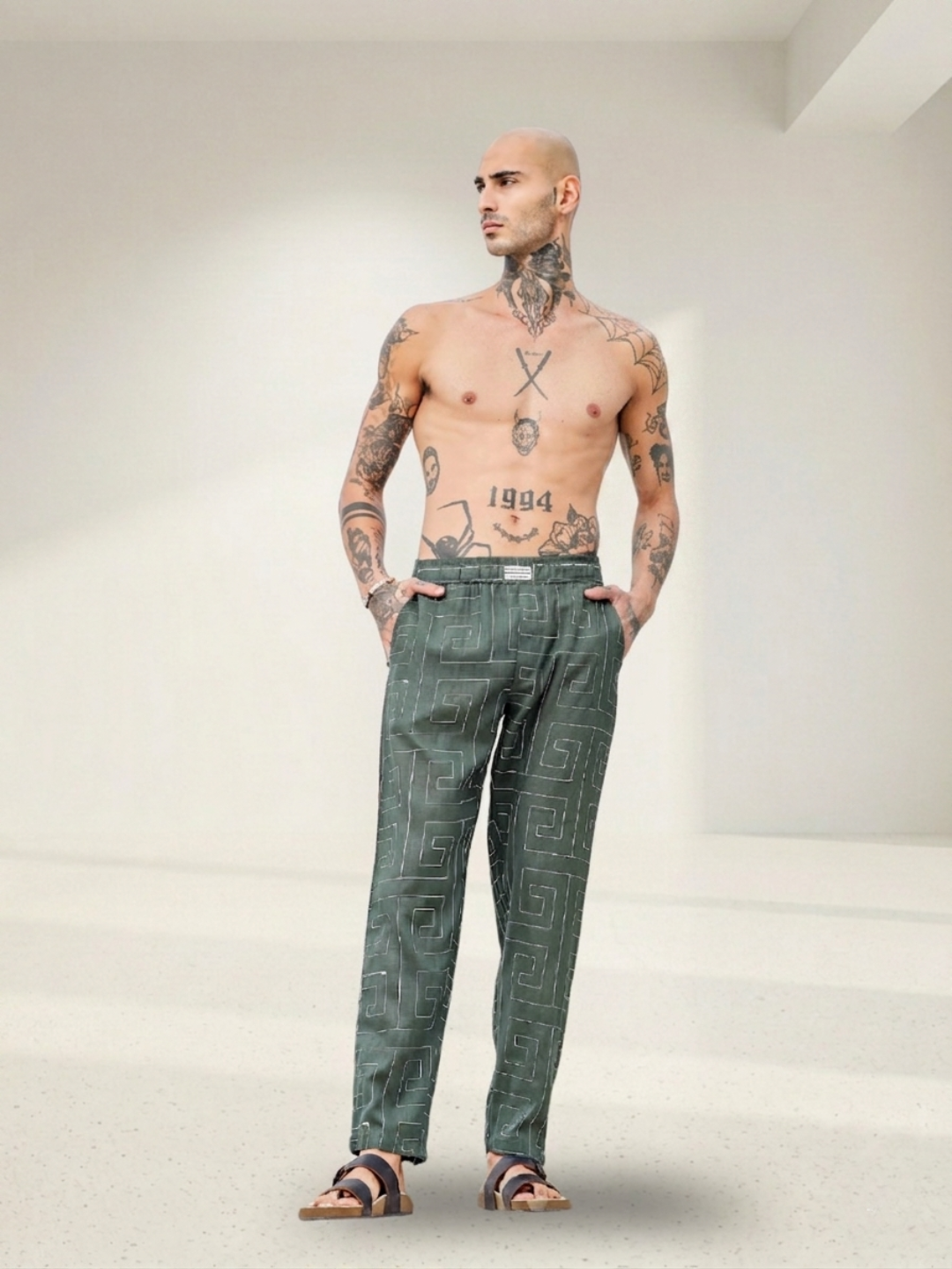 Olive Linen Blend Embroidered Notched Lapel Shirt and All Day Pants Co-ord Set