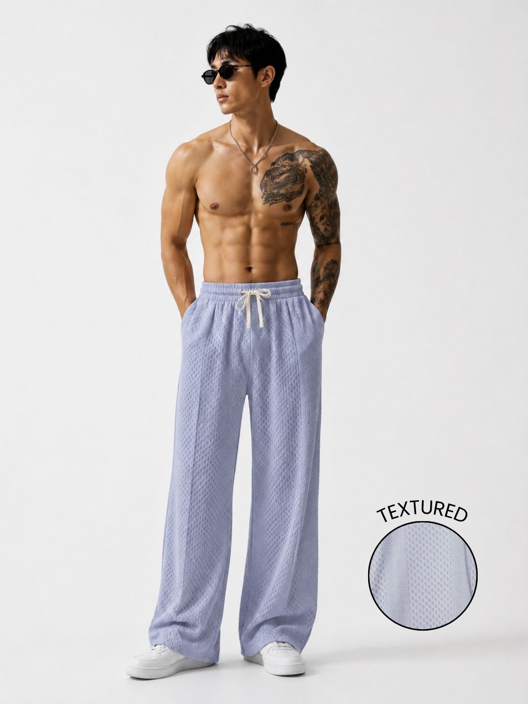 Grey Textured Relaxed-Fit Mid-Rise Korean Pant