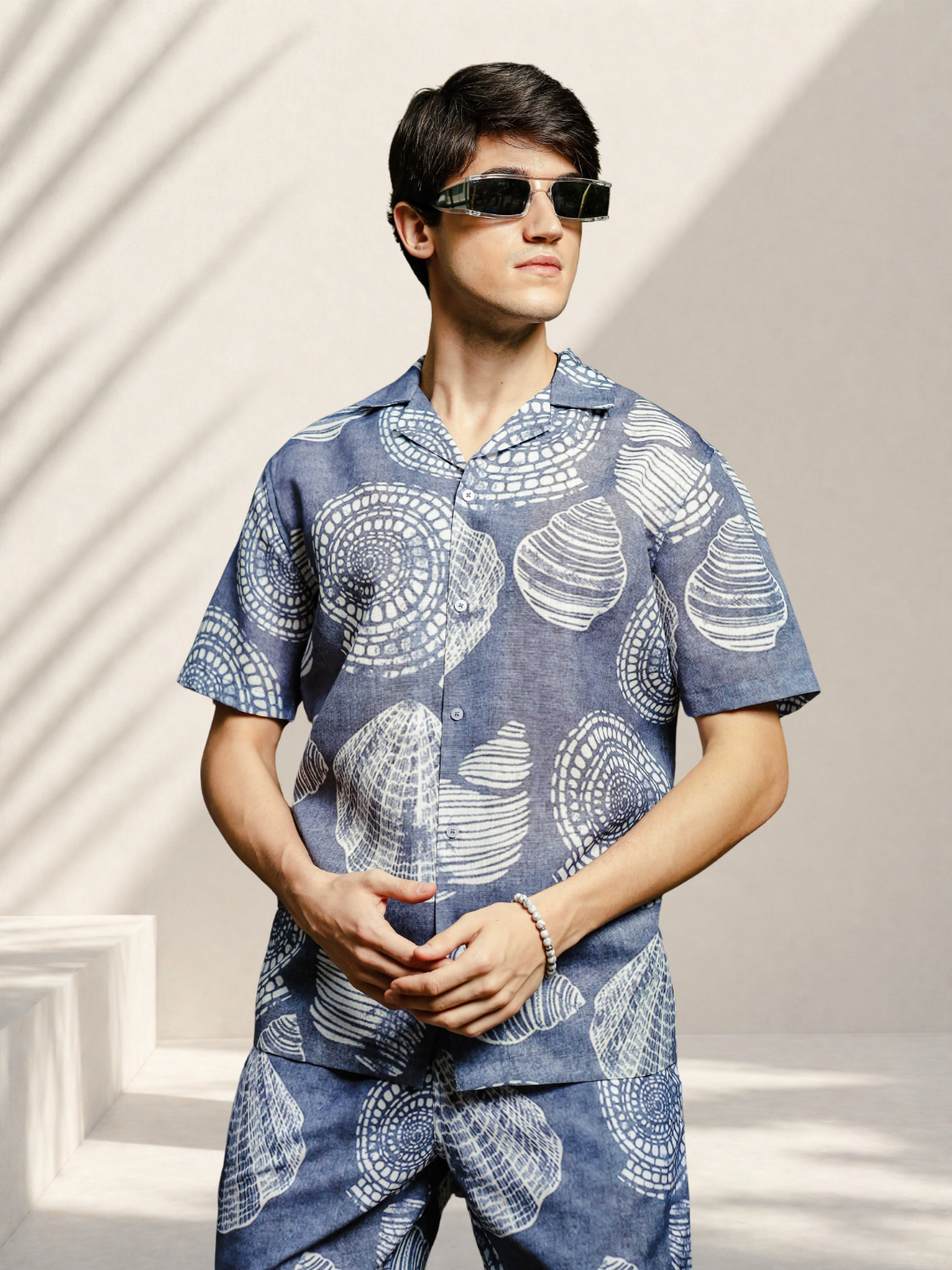 Grey Tropical Print Linen Blend Cuban Collar Resort Shirt & Shorts Co-ord Set
