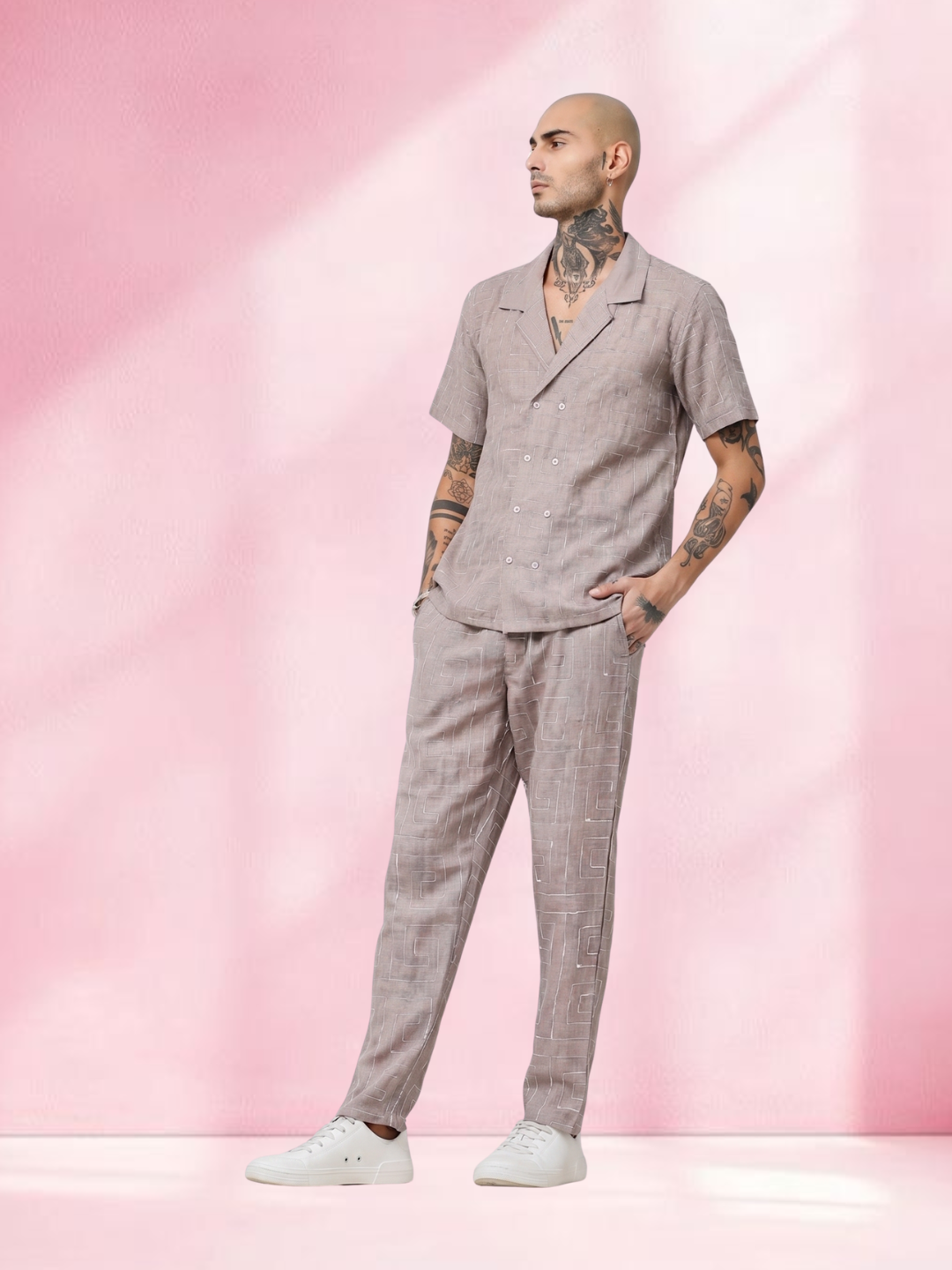 Beige Linen Notched Lapel Shirt & All Day Lounge Pants Embroidered Co-ord Set