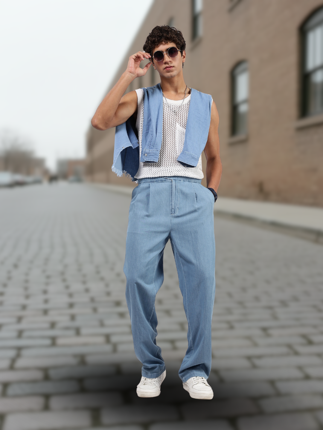 Light Blue Premium Denim Gurkha Trousers with Double Pleated Front