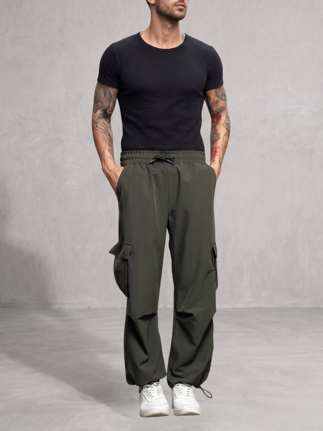 Olive Baggy Fit  Parachute Cargo Trousers