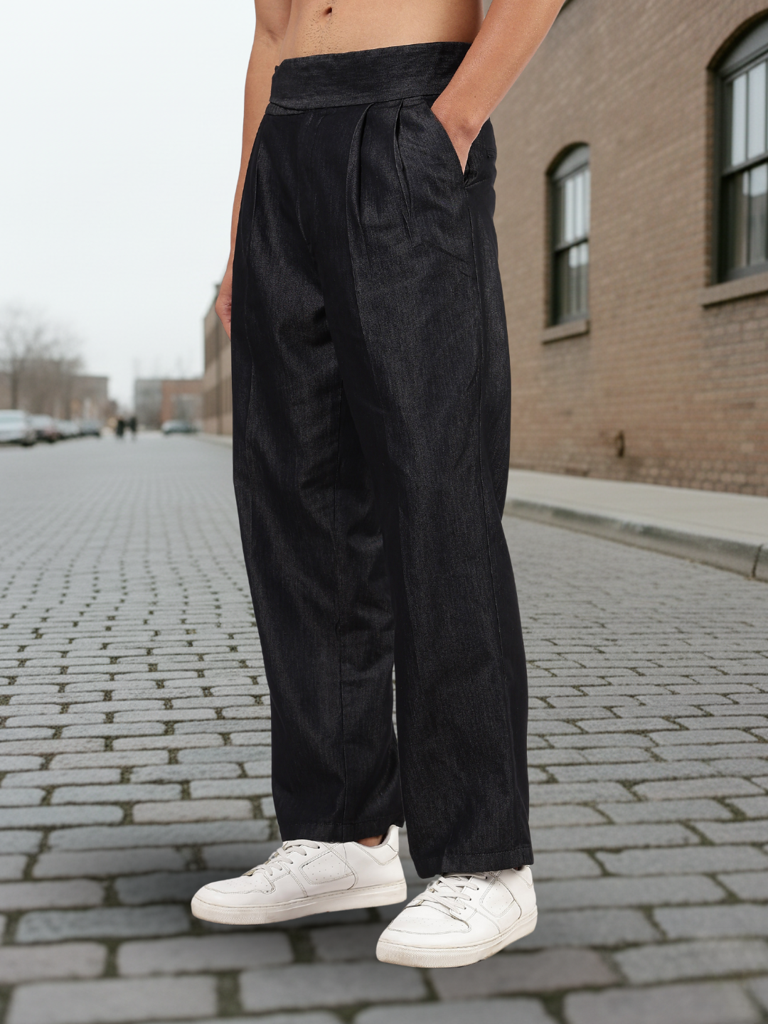 Black Premium Denim Gurkha Trousers with Double Pleated Front