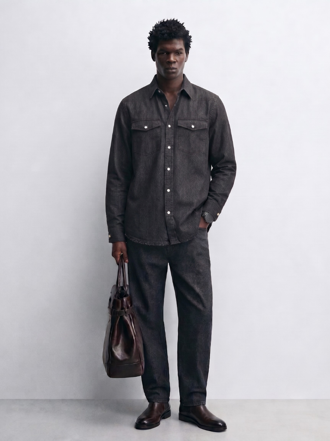 Black Raw Edge Oversized Relaxed Fit Full Sleeve Spread Collar Premium Denim Shirt