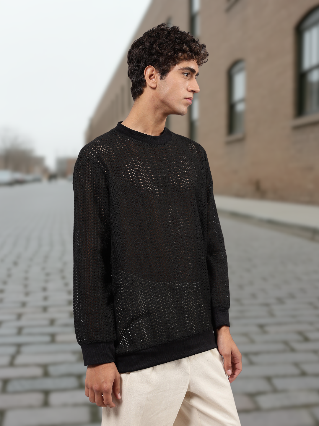 Black Oversized Fit Premium Cotton Crochet Pullover
