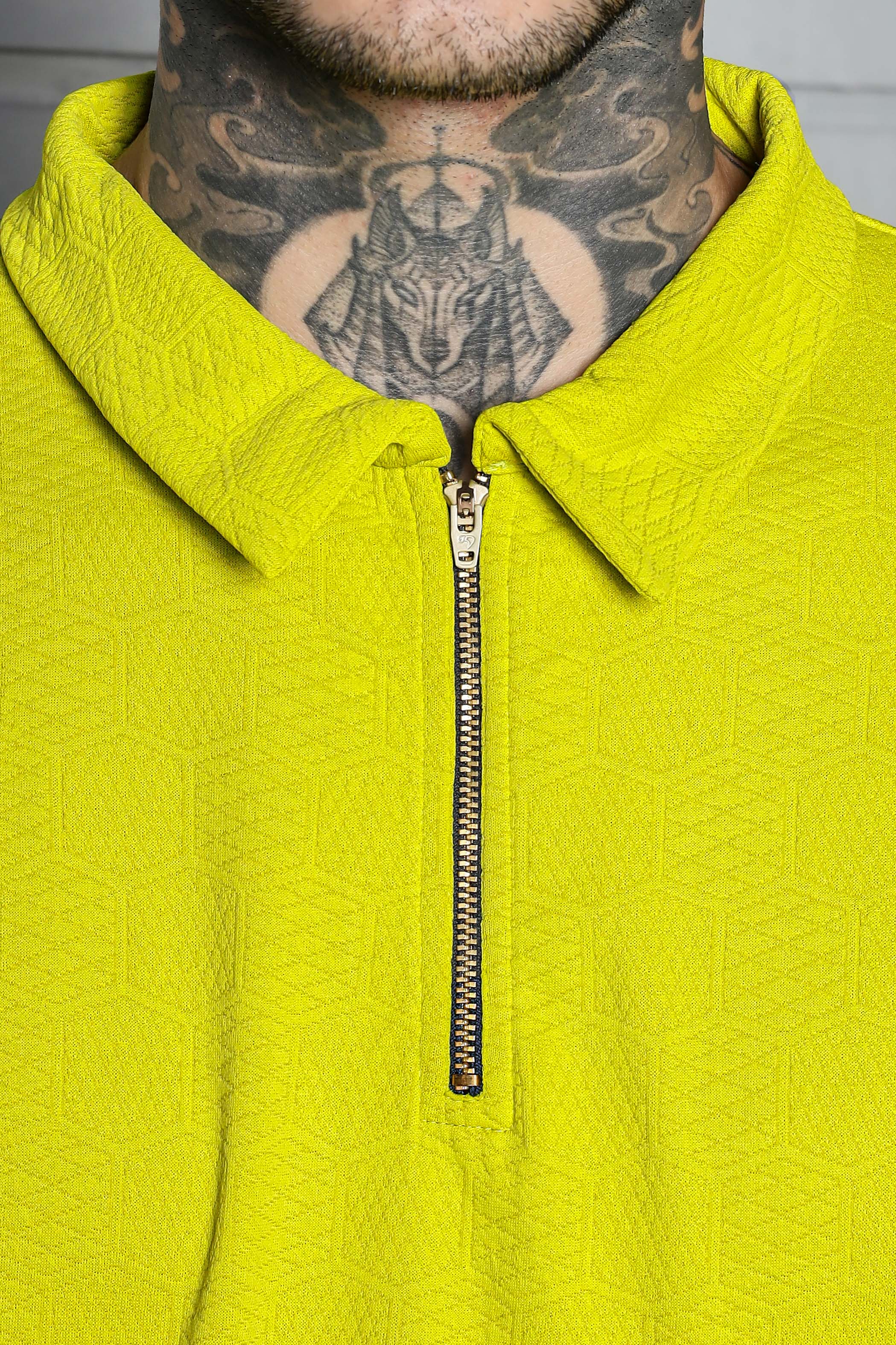 Unisex Lime Green Textured Polo Neck Oversized T-shirt