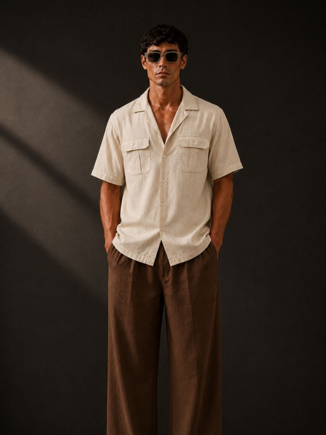 Linen Blend Beige Cuban Collar Classic Relaxed Fit Shirt