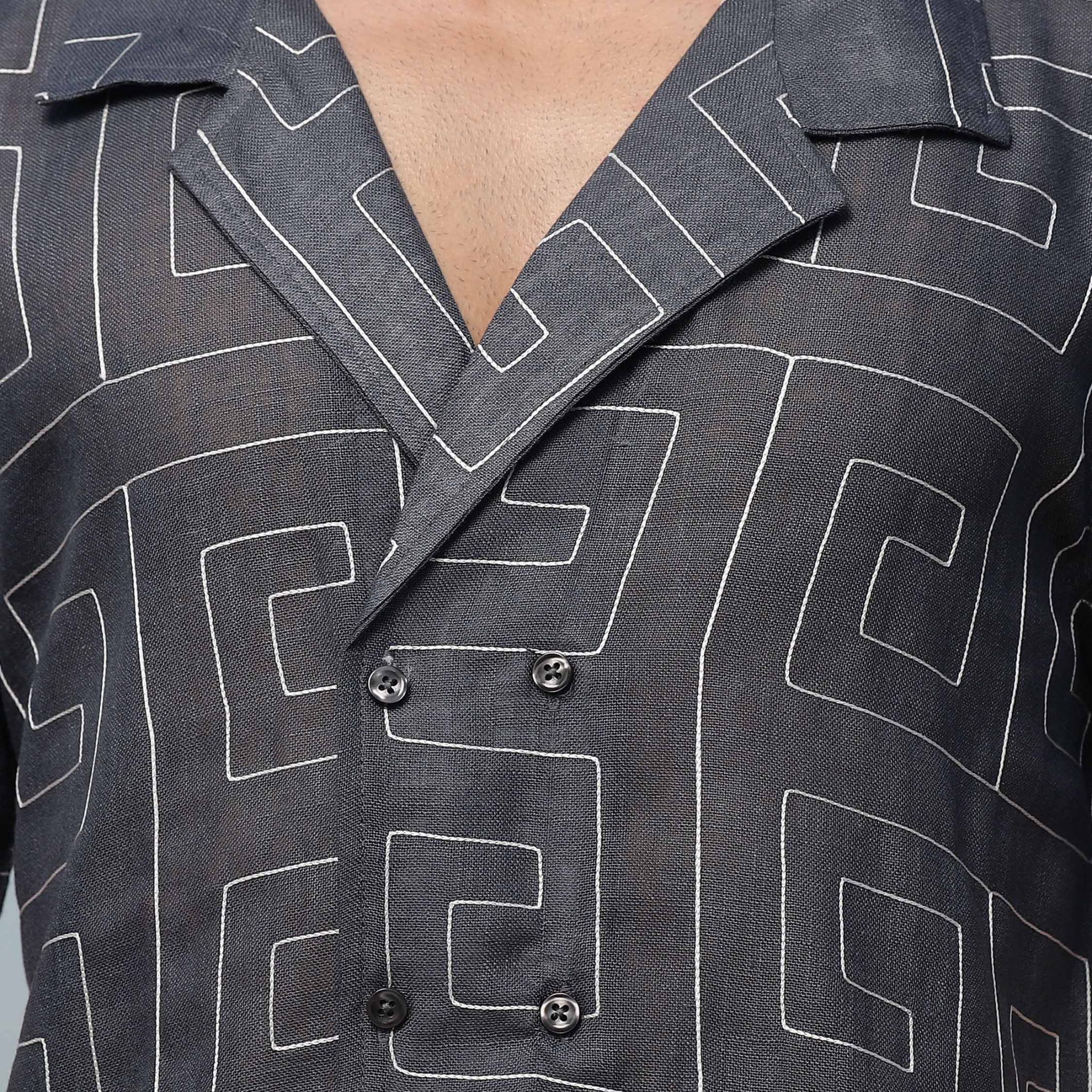 Blue Linen Embroidered Notched Lapel Korean Shirt & All Day Lounge Pants Co-ord Set