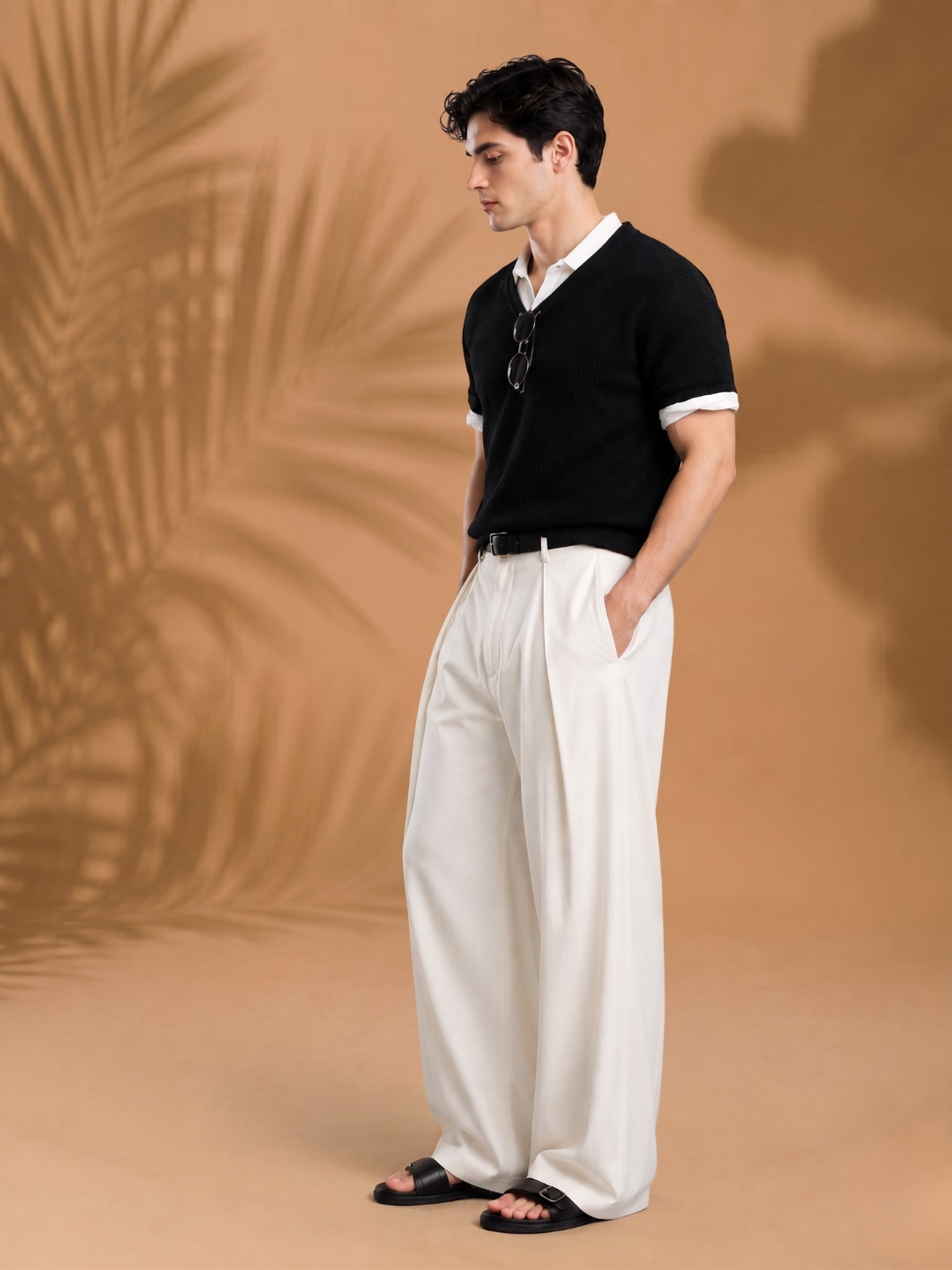 Cream Wide Leg Samurai Trousers with Pleated Front