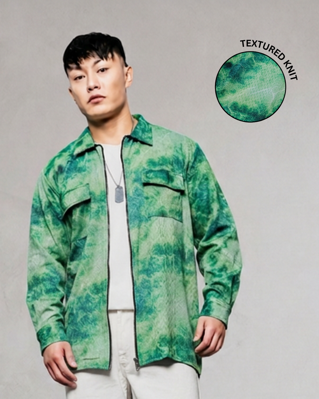 Grey & Green Abstract Printed Drop-Shoulder Relaxed Fit Shirt Zipper Shirt