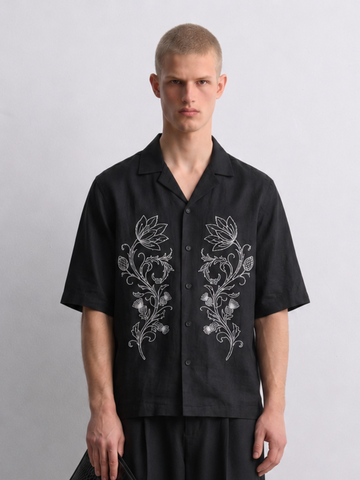 Black Embroidered Relax Fit Oversized Half Sleeve Casual Resort Shirt