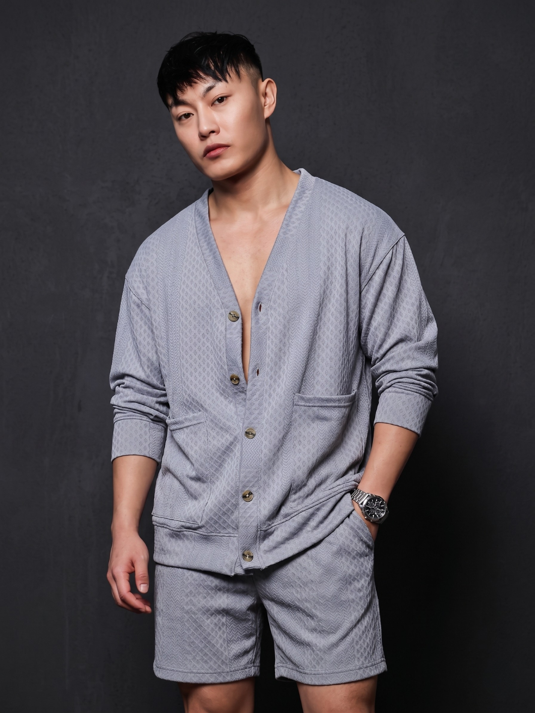 Unisex Grey Textured Cardigan Style T-Shirt & Shorts Co-ord Set