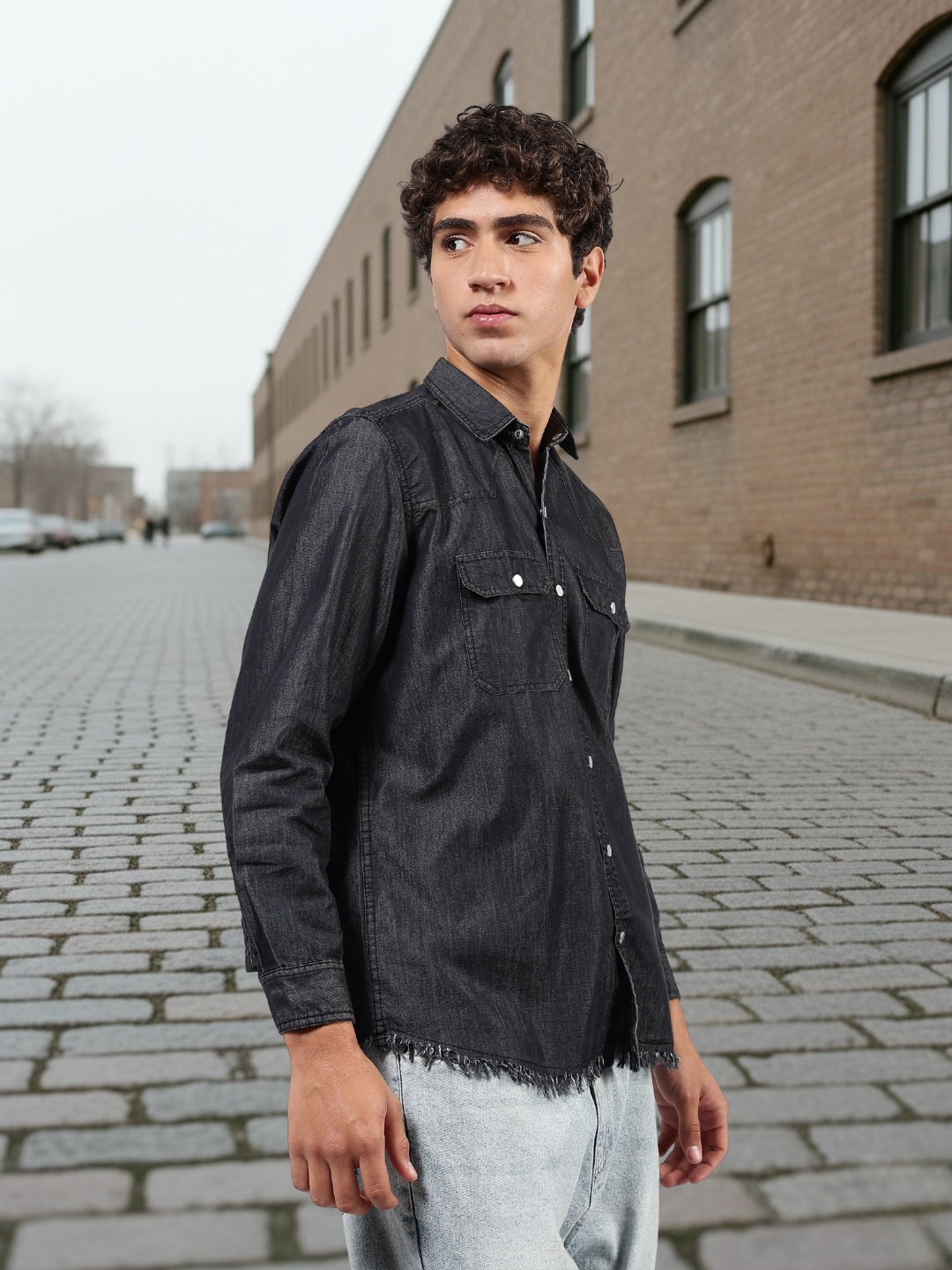 Black Raw Edge Oversized Relaxed Fit Full Sleeve Spread Collar Premium Denim Shirt