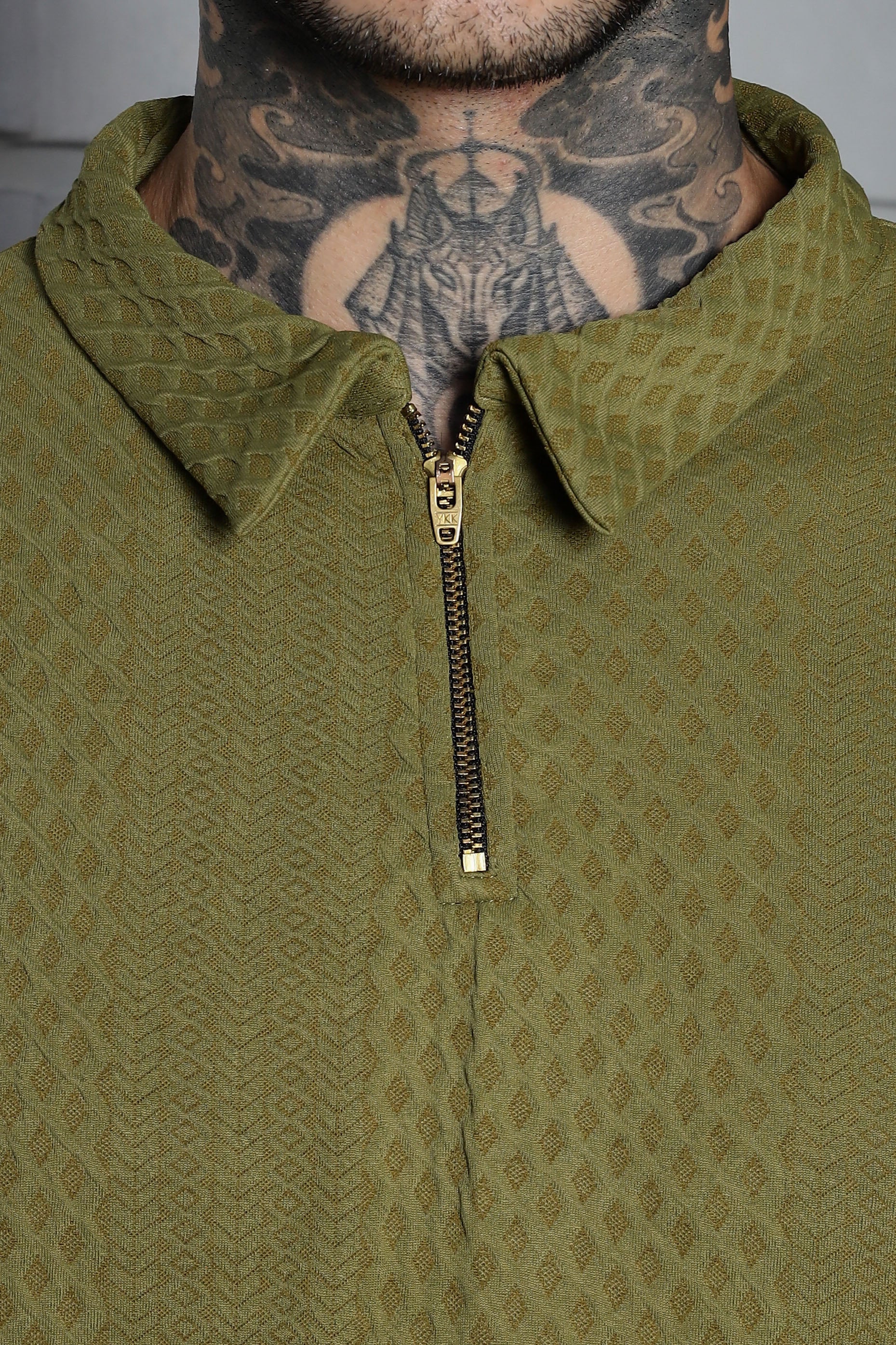 Unisex Olive Textured Polo Neck Oversized T-shirt