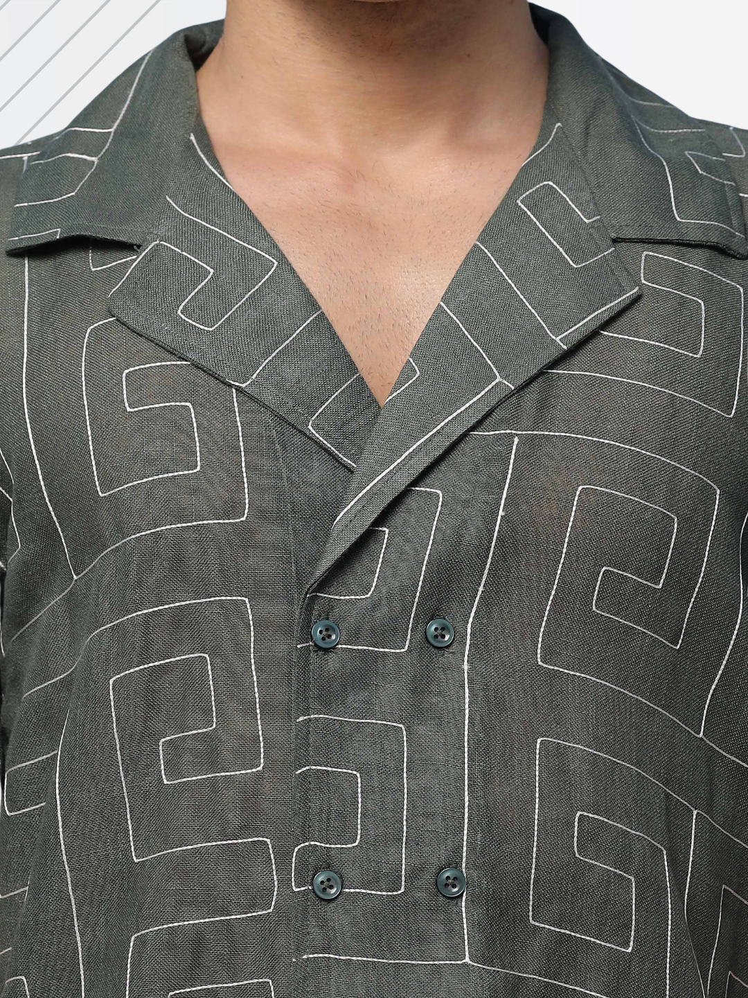 Olive Korean Linen Blend Embroidered Notched Lapel Collar Resort Shirt