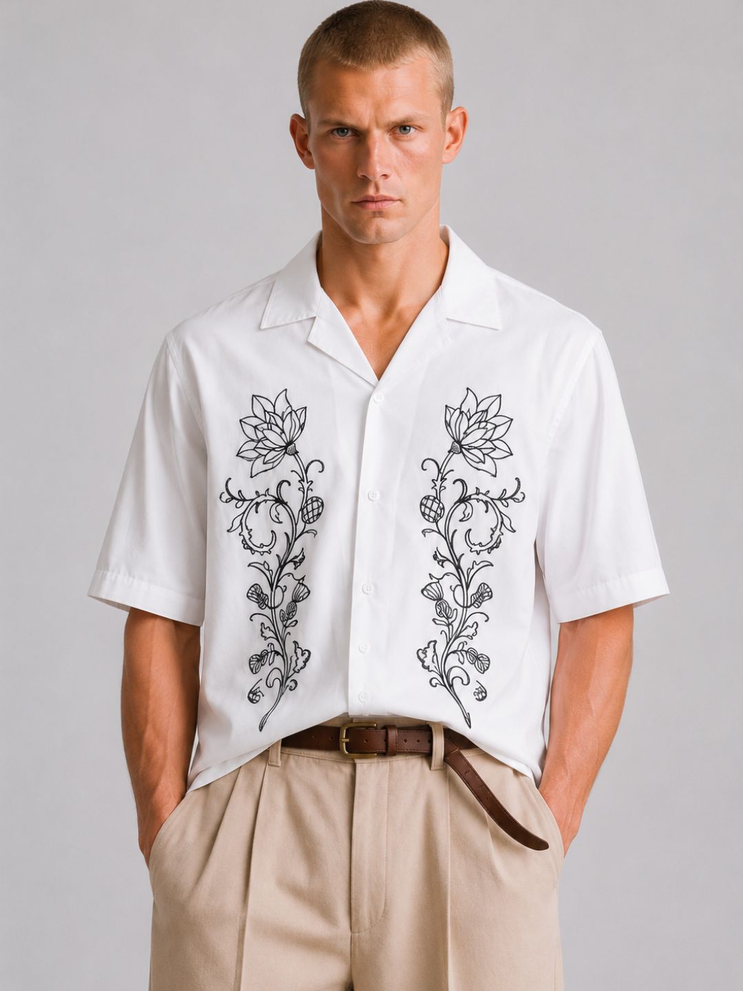 White Embroidered Relaxed Fit Oversized Half Sleeve Casual Resort Shirt