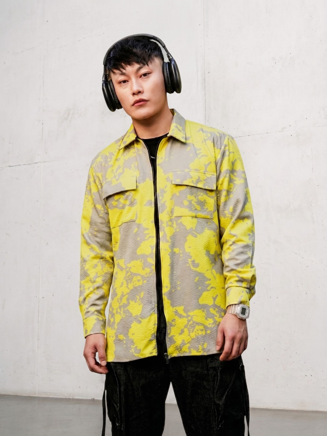 Neon Grey Splatter Abstract Print Textured Drop-Shoulder Relaxed Fit Shirt Zipper Shirt