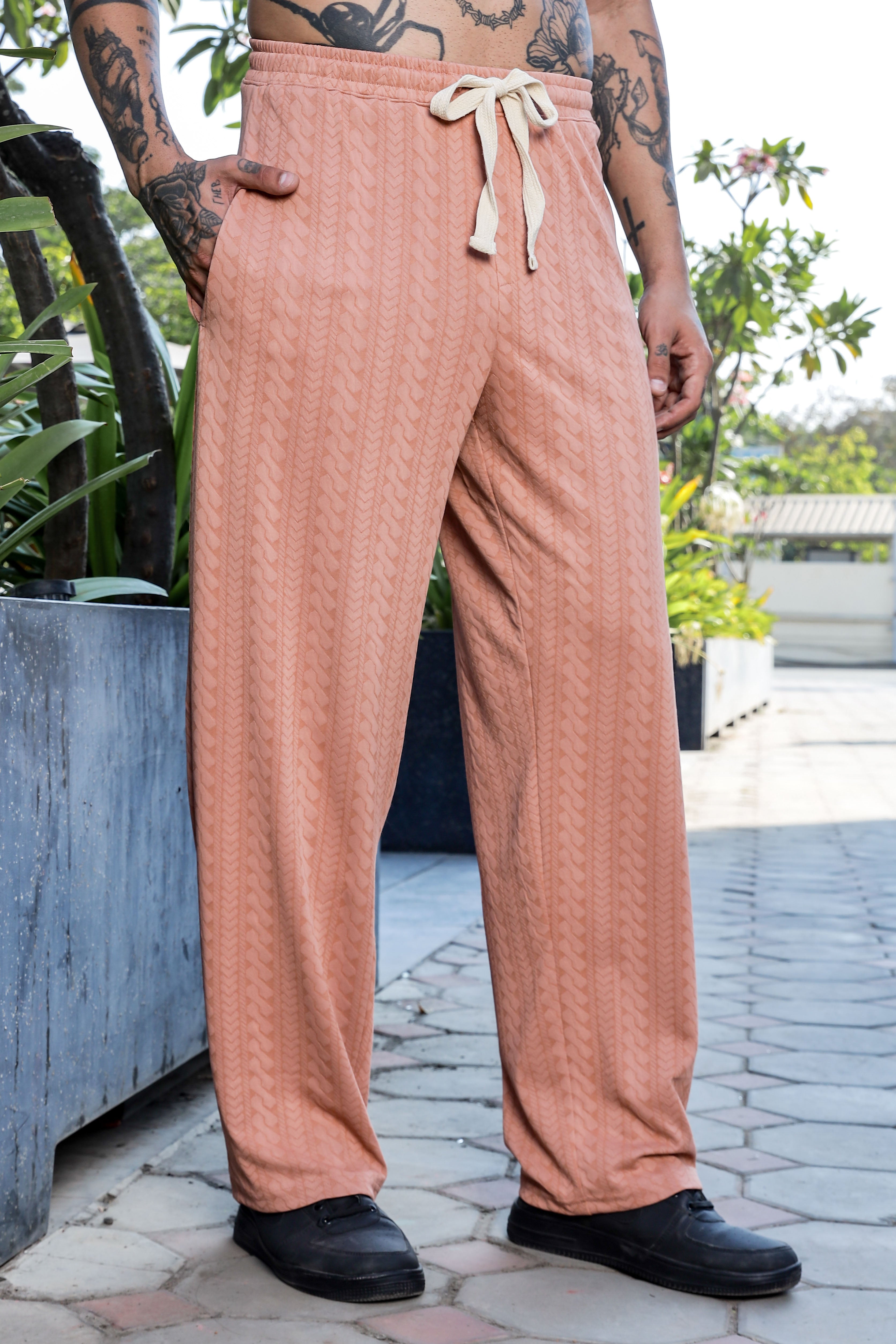 Unisex Brown Textured Oversized V-Neck Tee & Trackpant Co-ord Set