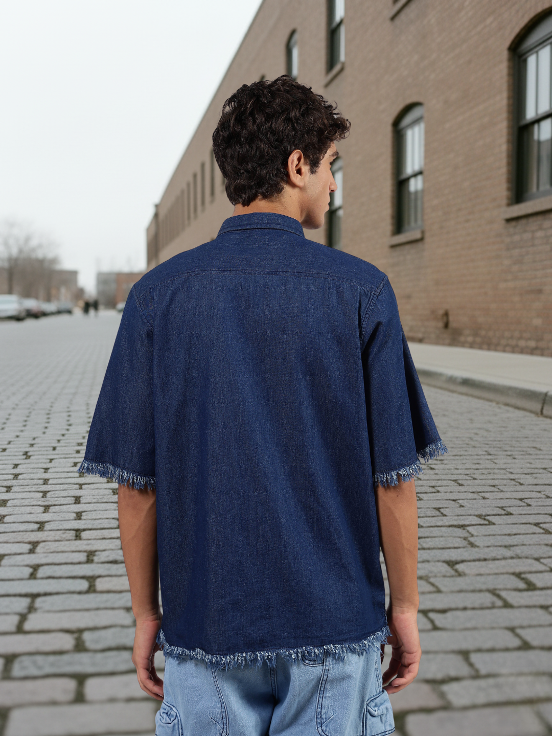 Navy Blue Raw Edge Oversized Box-Fit Spread Collar Premium Denim Shirt