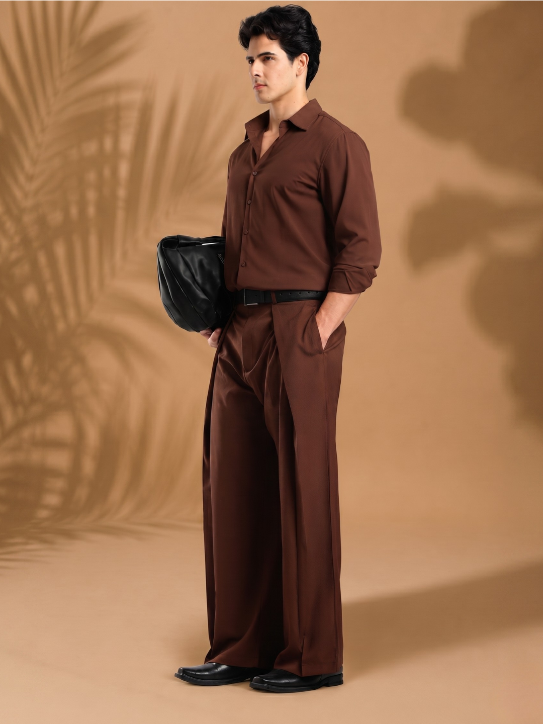 Brown Wide Leg Samurai Trousers with Pleated Front