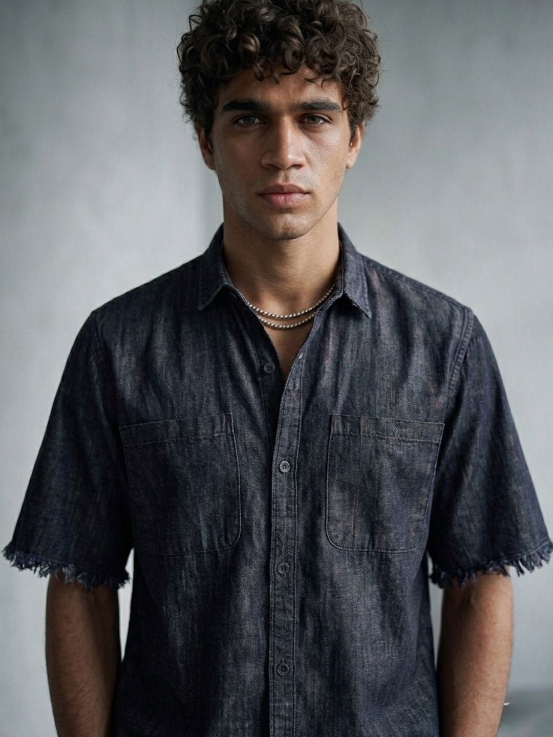 Black Raw Edge Oversized Box-Fit Spread Collar Premium Denim Shirt