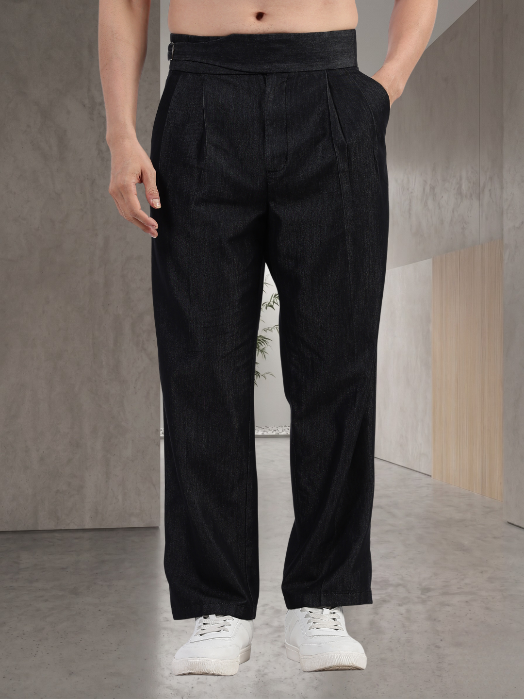 Black Premium Denim Gurkha Trousers with Double Pleated Front
