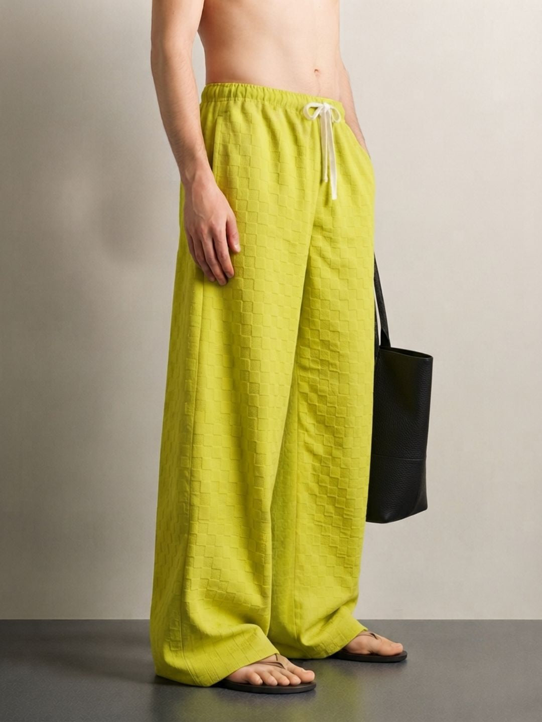Neon Green Textured Relaxed-Fit Mid-Rise Korean Pant