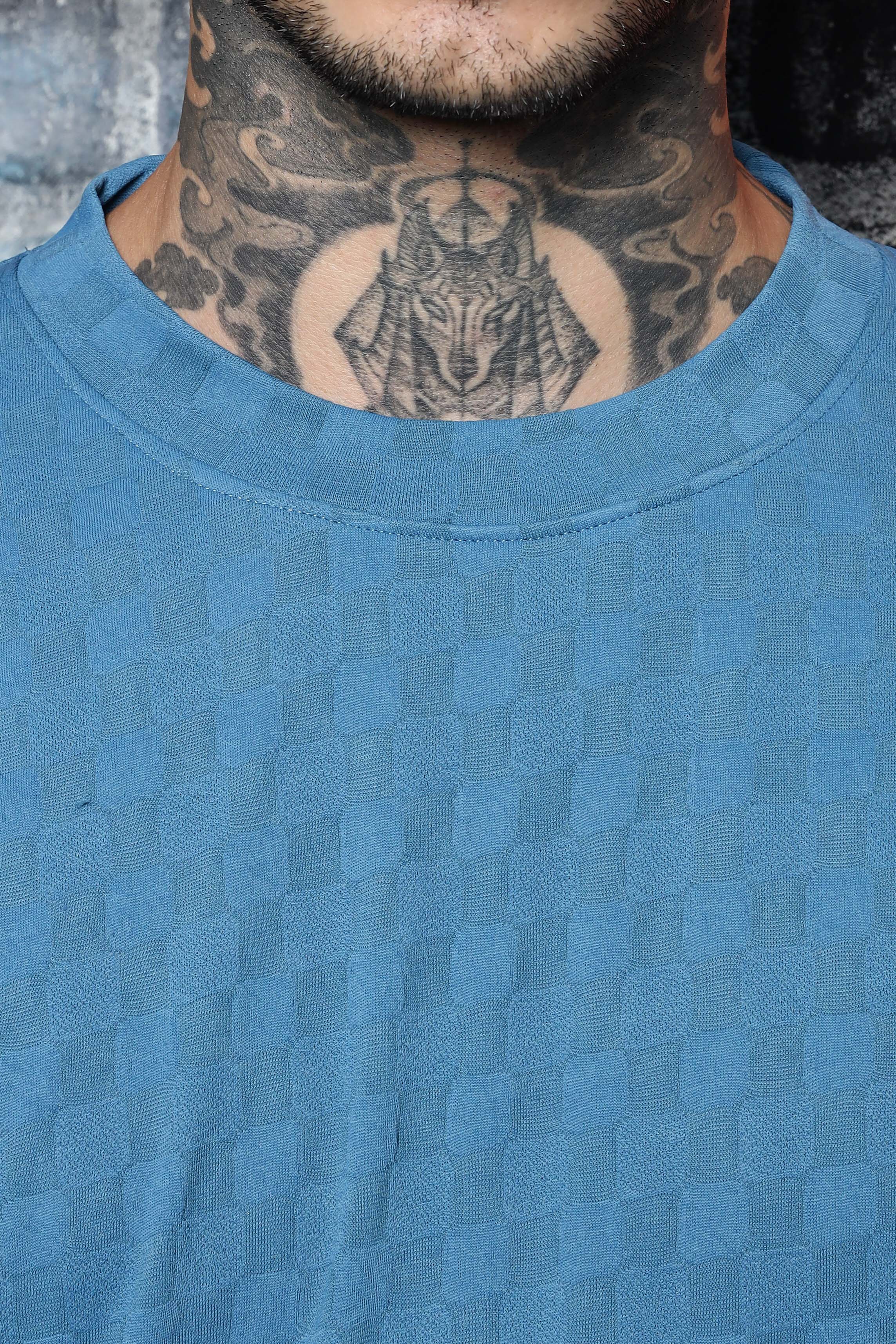 Unisex Blue Textured Round Neck Oversized T-shirt