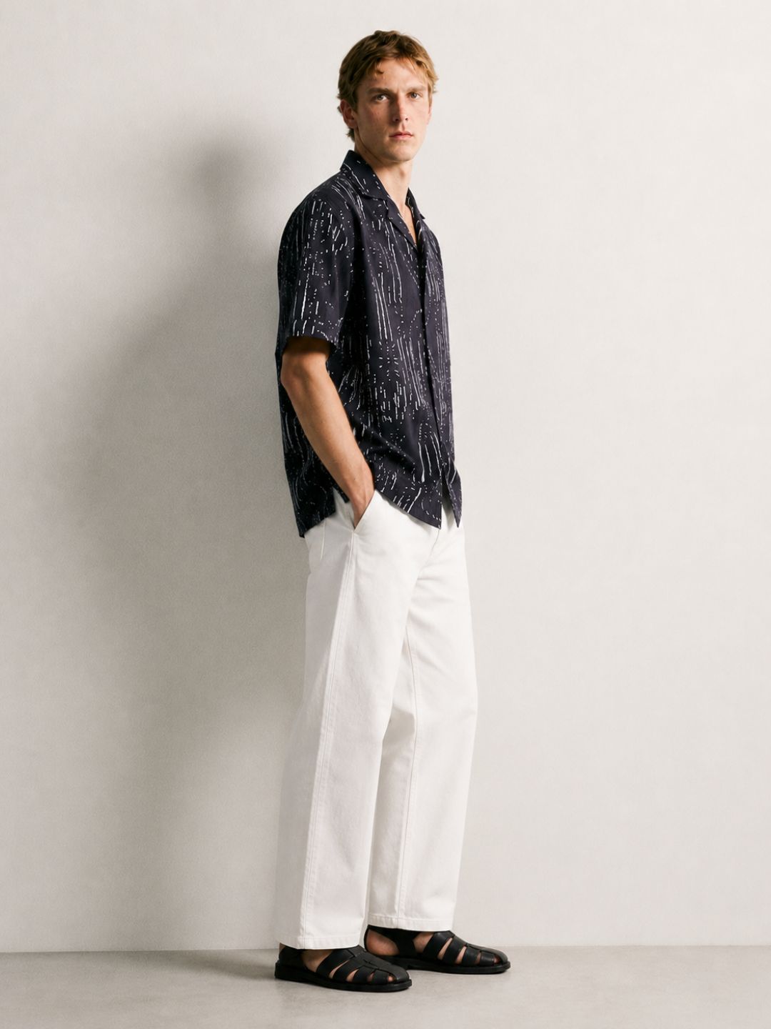 Black Abstract Printed Cuban Collar Relaxed Fit Resort Shirt