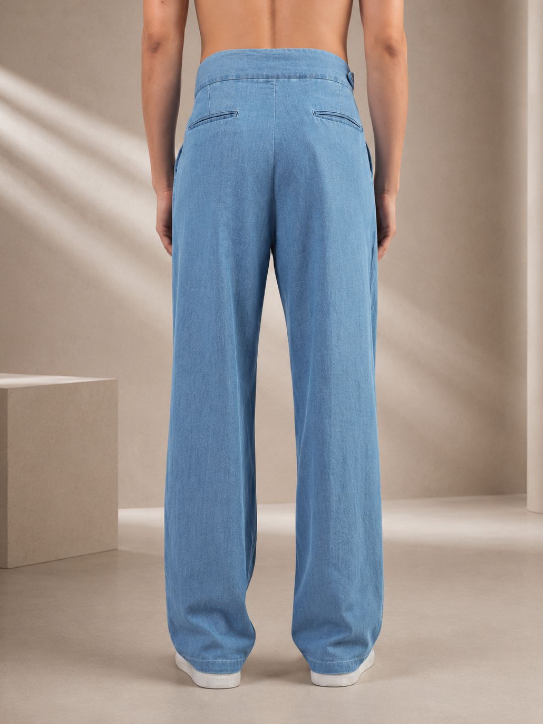 Blue Denim Baggy Fit Gurkha Trousers with Double Pleated Front