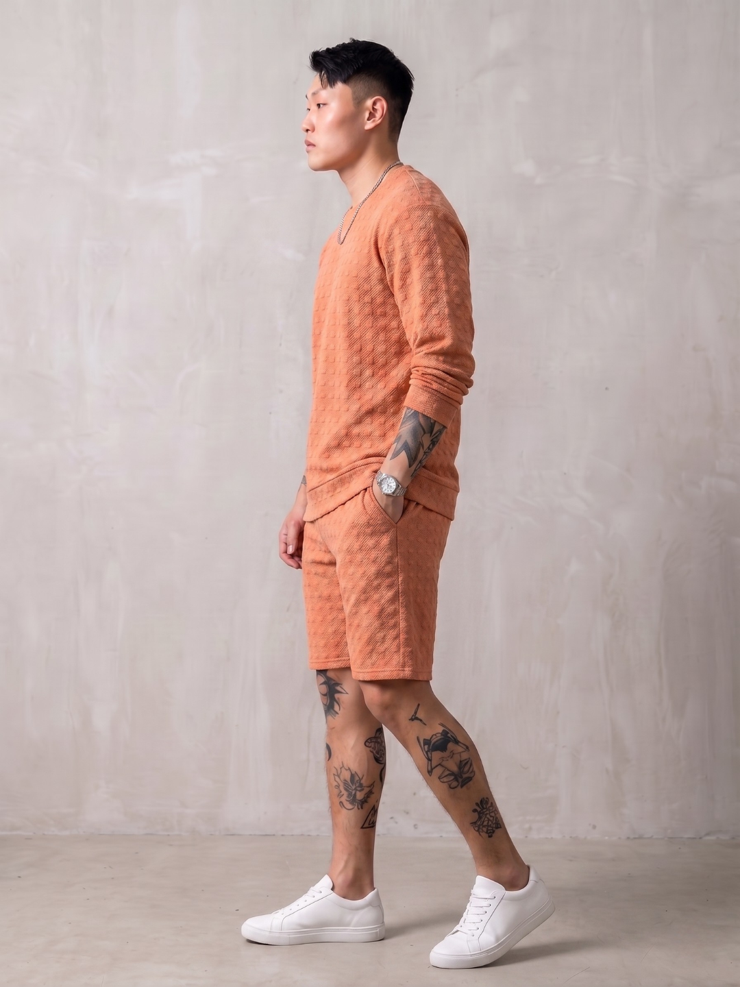 Unisex Brown Textured Relaxed Fit Full Sleeve T-Shirt & Shorts Co-ord Set