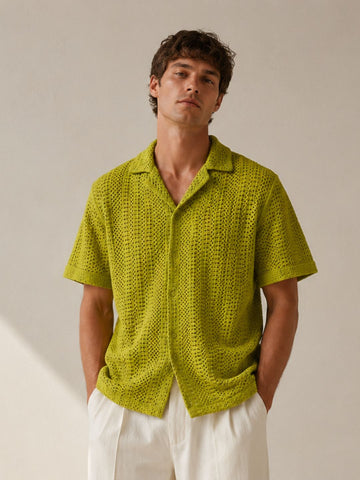 Lime Green Relaxed Fit Pure Cotton Crochet Resort Shirt