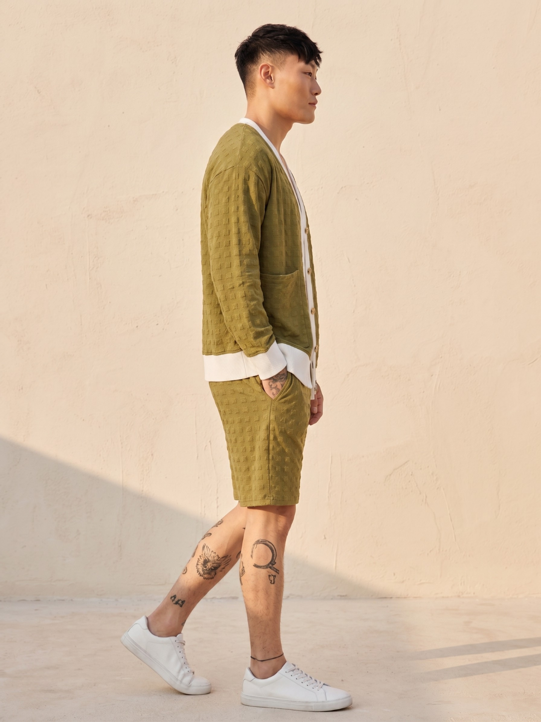 Unisex Olive Textured Cardigan Style T-Shirt & Shorts Co-ord Set
