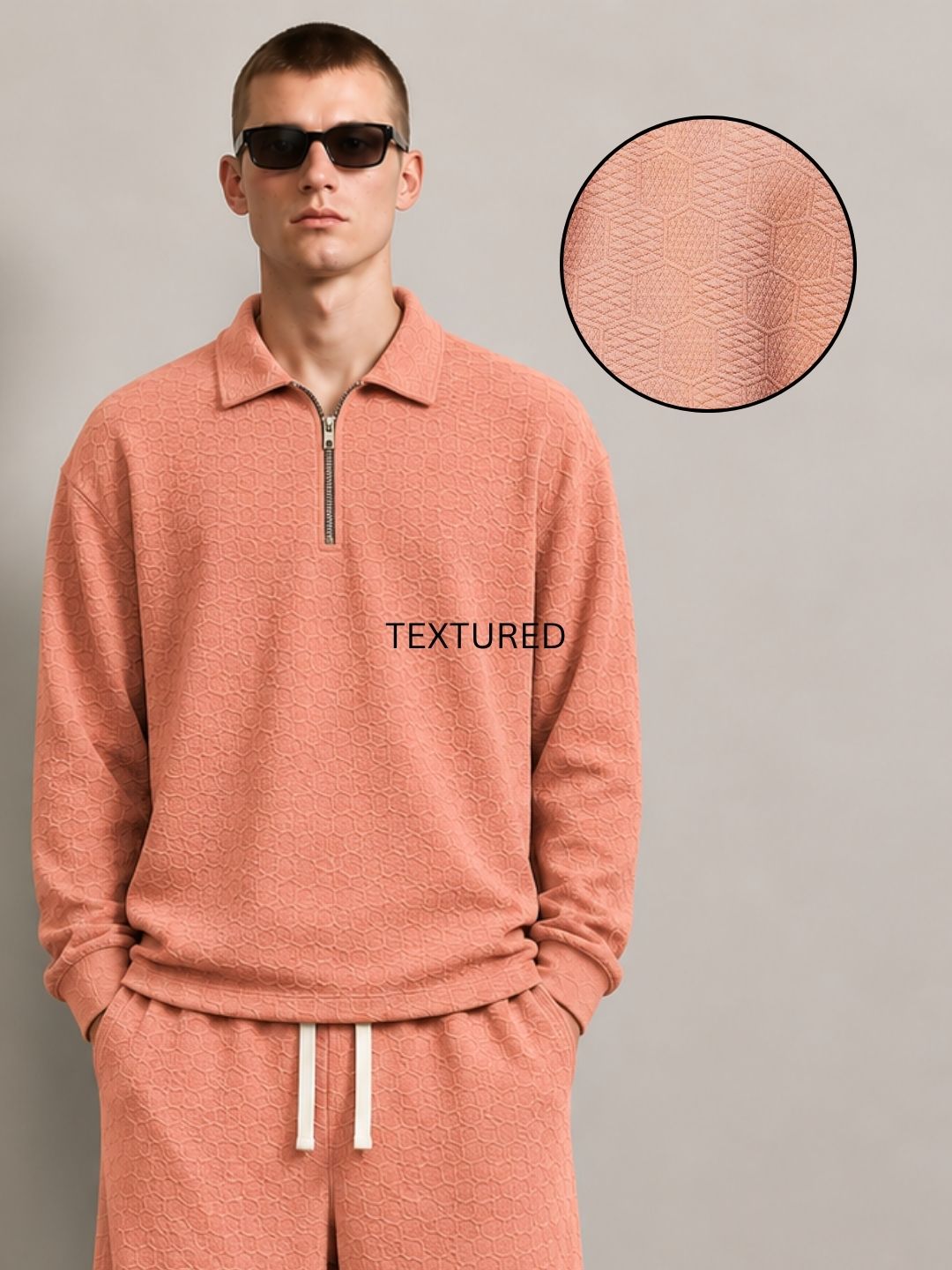 Brown Textured Oversized Full Sleeve Polo Neck Tee & Trackpant Co-ord Set