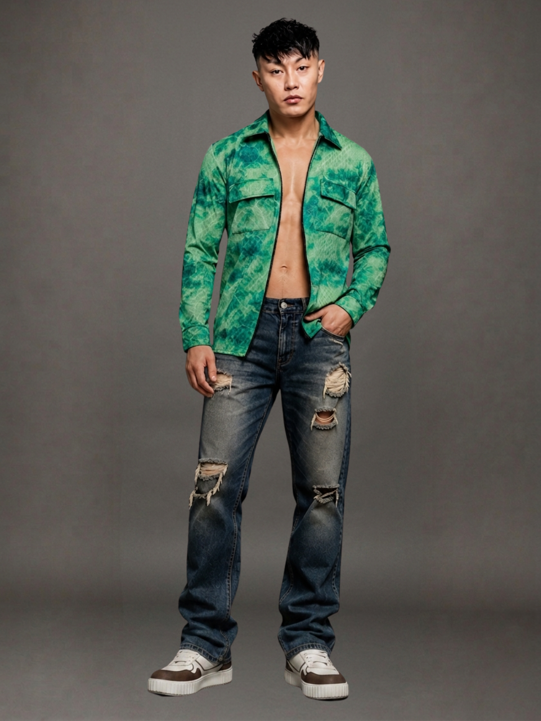 Grey & Green Abstract Printed Drop-Shoulder Relaxed Fit Shirt Zipper Shirt