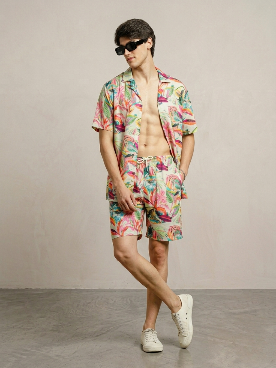 Unisex Beige Tropical Abstract Printed Co-ord Set