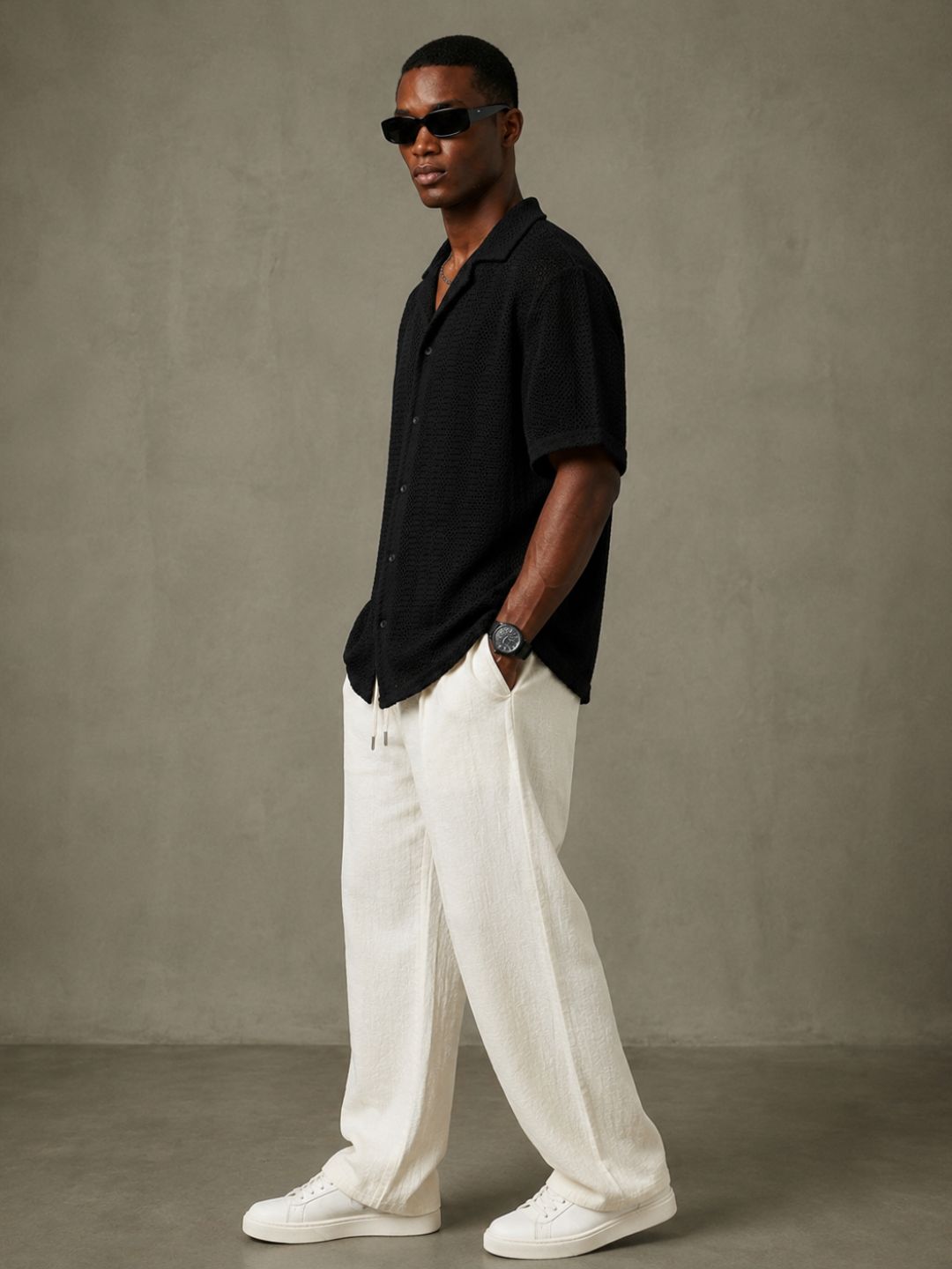 Black Unisex Relaxed Fit Cotton Crochet Resort Shirt