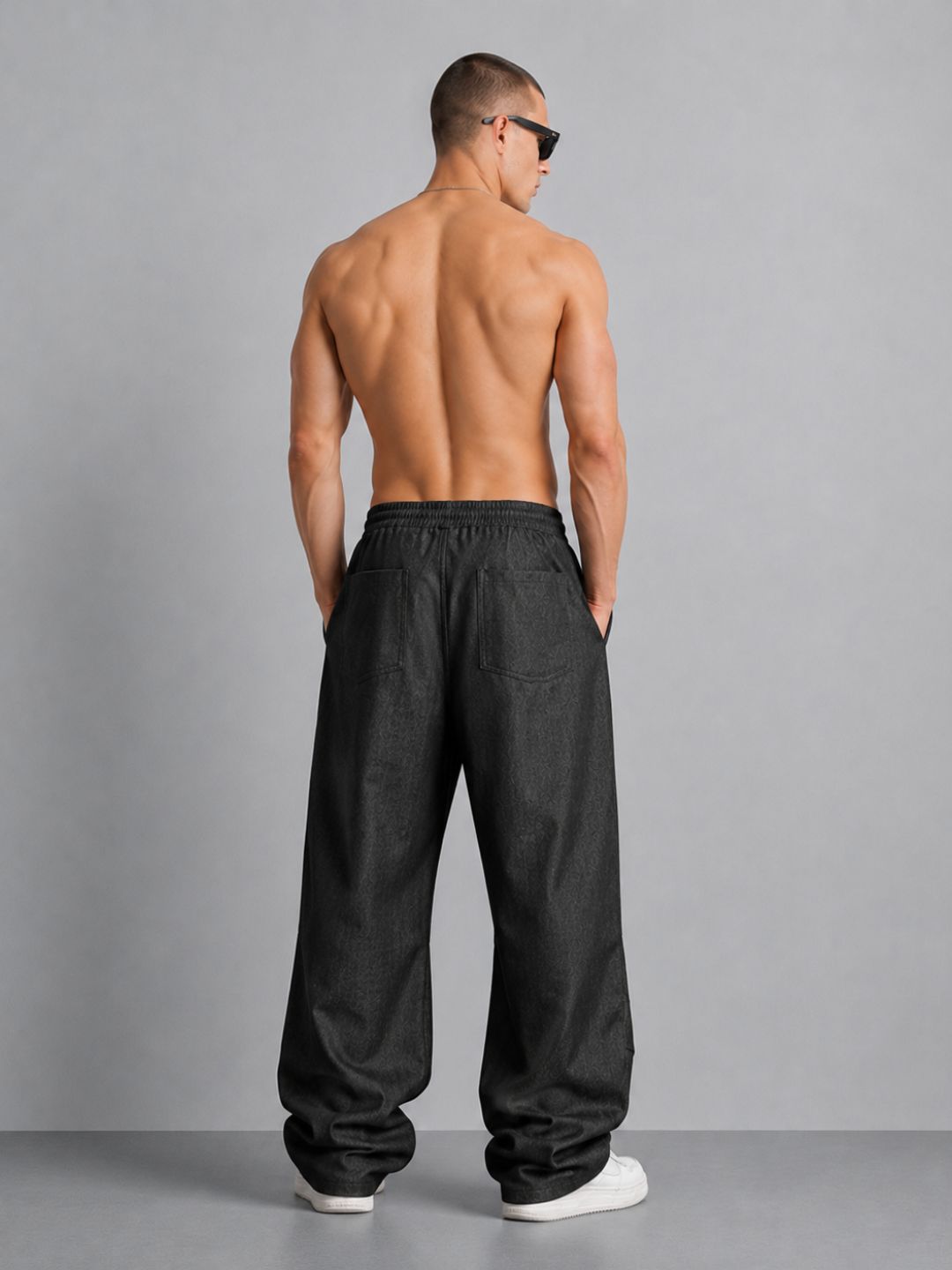 Black Relaxed Fit Drawstring Premium Denim Parachute Cargo