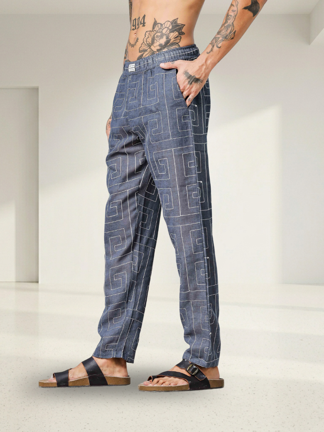 Blue Linen Blend Embroidered Relaxed Fit All Day Pants