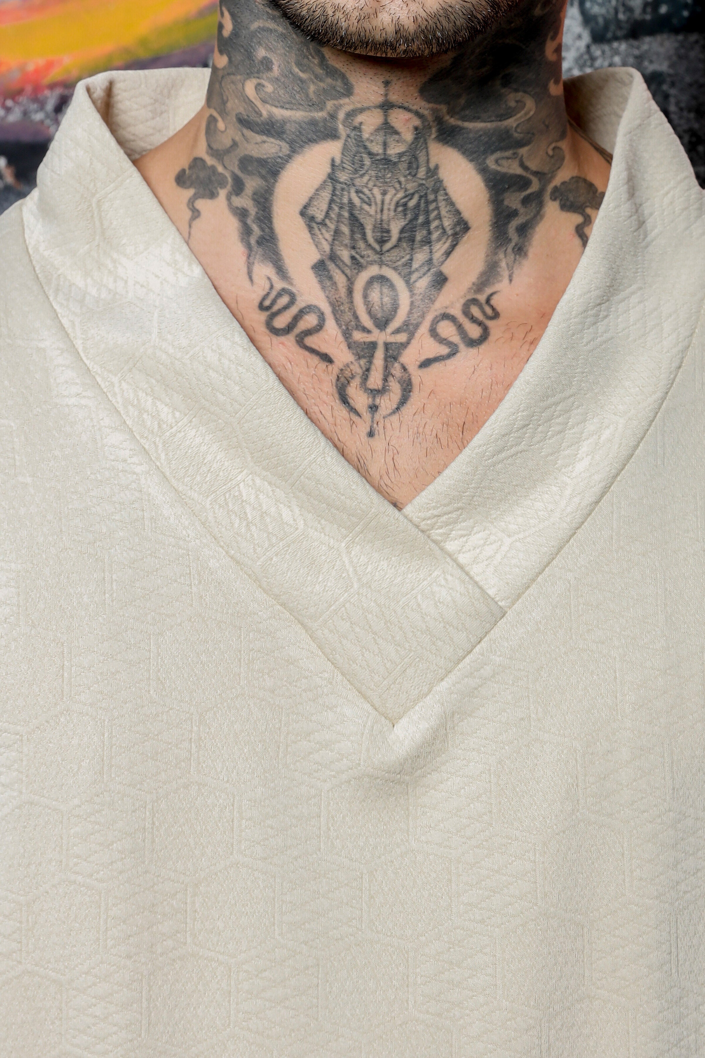 Unisex White Textured V-Neck Oversized T-shirt